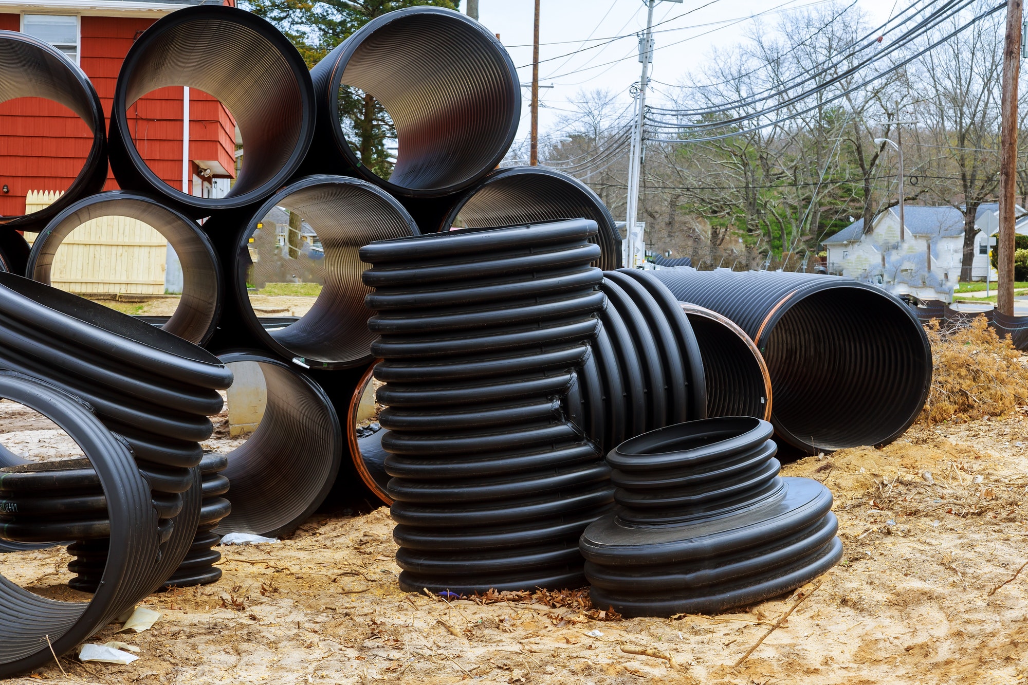 New gray plastic pipes for the sewage system preparation for installation pipes outdoors